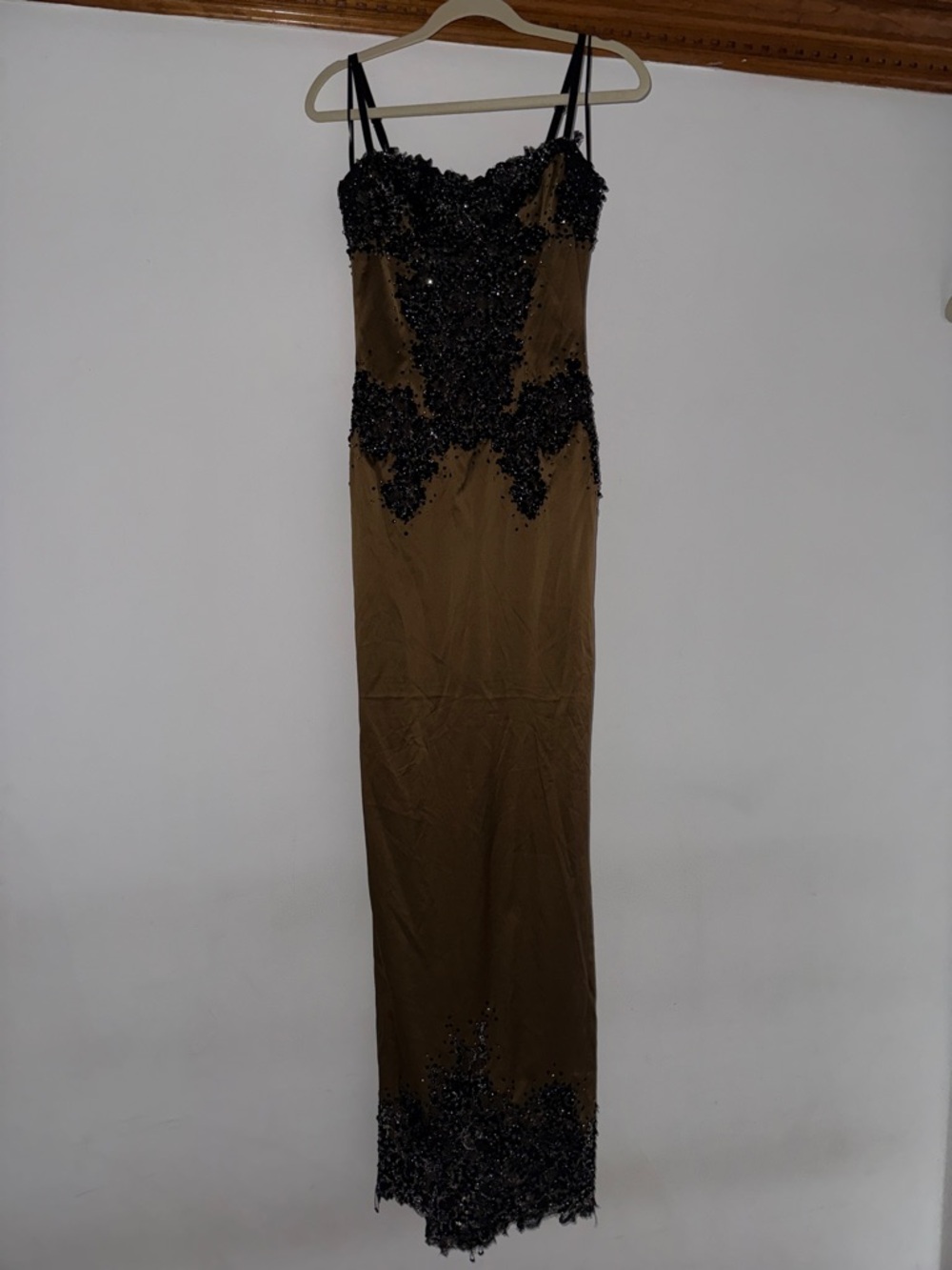 Evening Maxi Dress with Black Beaded Appliqué - Brown